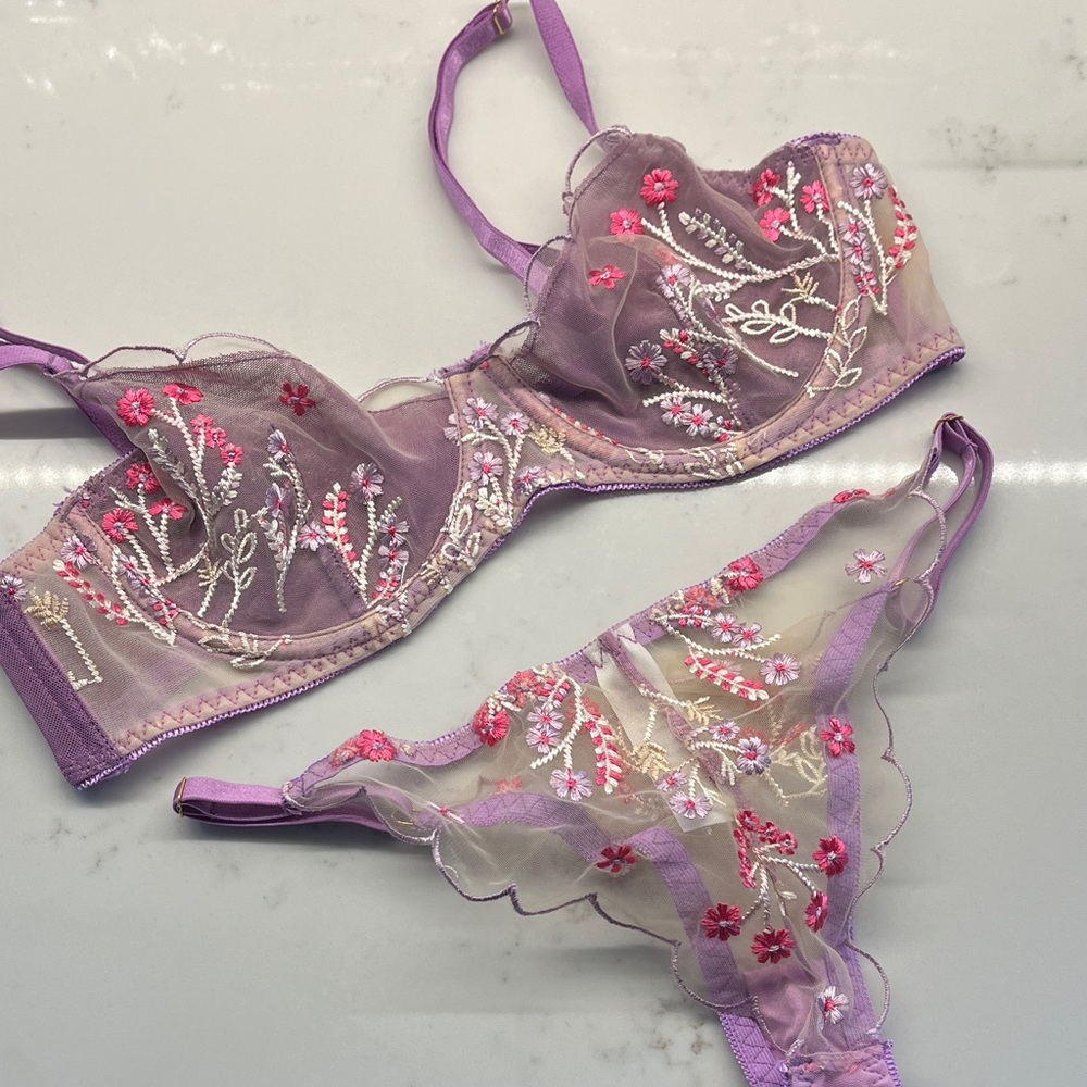 Sheer Floral Embroidered Underwire Bra & Thong Set — Lavender